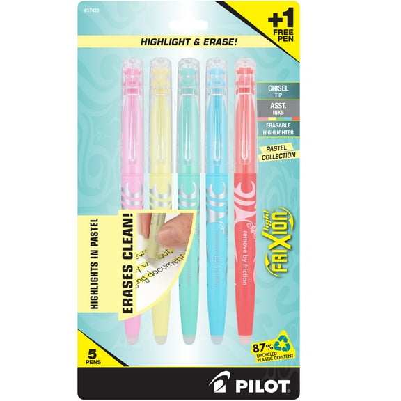 Pilot FriXion Pastel Erasable Assorted Highlighters, Chisel Tip, 4 Count with Bonus