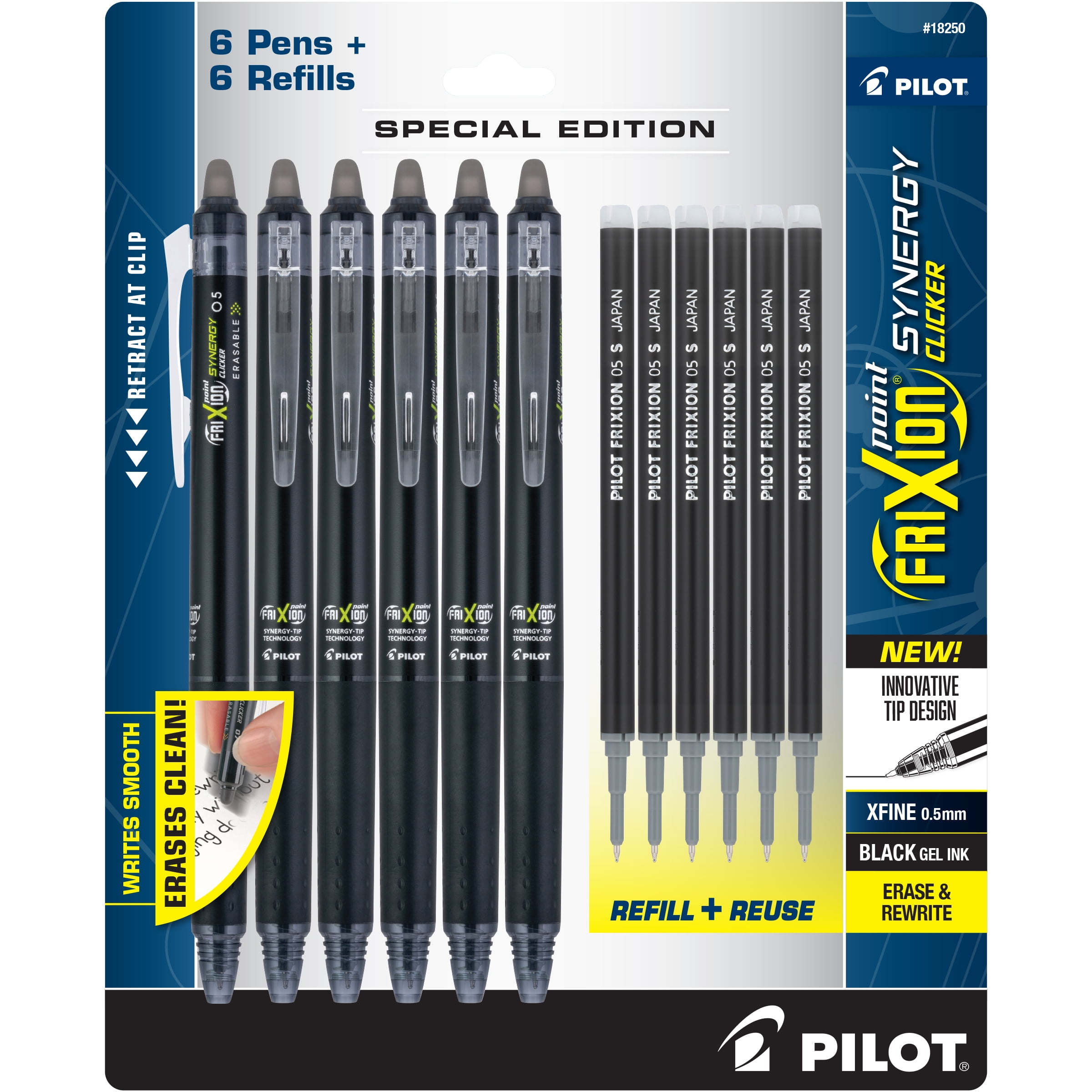 Pilot FriXion Synergy Retractable Erasable Gel Pens, Extra Fine Point 0.5mm, Pack of 6 Pens & 6 Refills, Black Ink