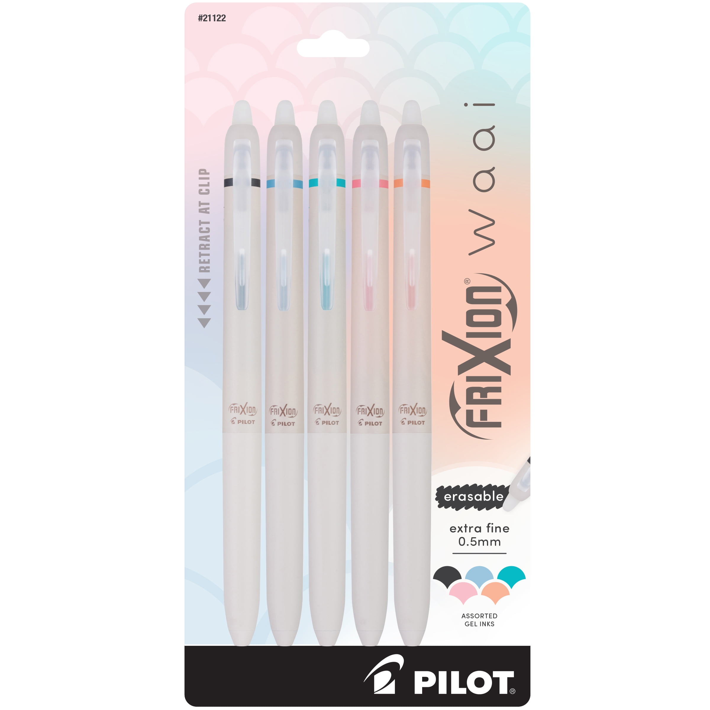 Pilot FriXion Waai Clicker Erasable Gel Ink Pens, Fine Point, 0.7 mm, Assorted Ink, 5 Count