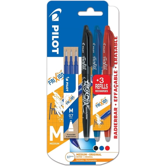 Pilot Frixion Ball - Erasable Gel Ink Pens - Black, Blue, Red - Medium 0.7mm Nib - Blister Pack of 3 + 3 Blue Refills
