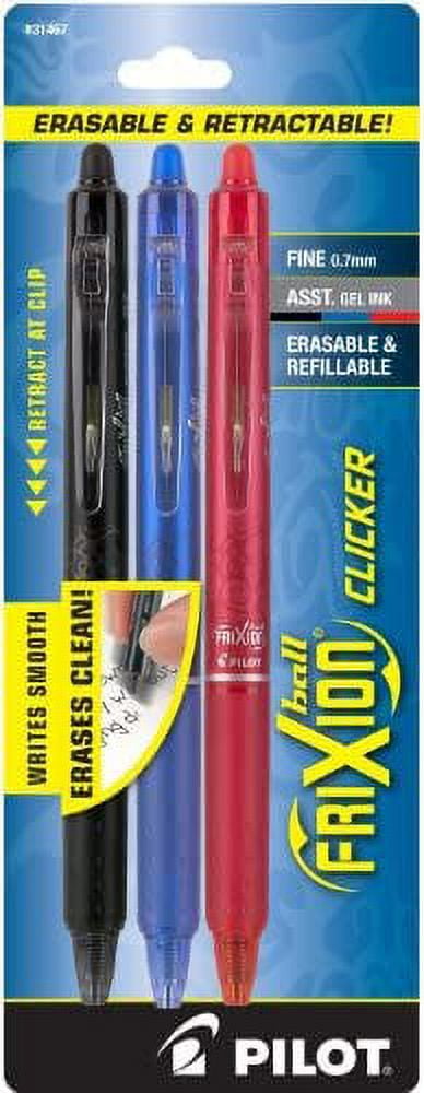 Pilot Frixion Clicker Erasable Gel Pen, Assorted Ink, 3 per Pack (31467),  Black/Blue/Red 