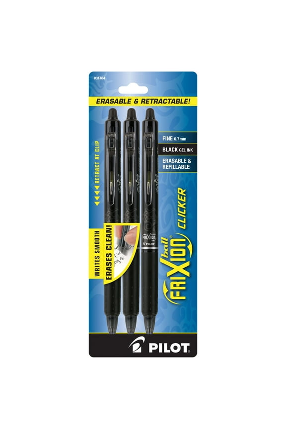 Frixion Clicker Erasable Gel Pens, Fine Point, Black Ink, 3 Count