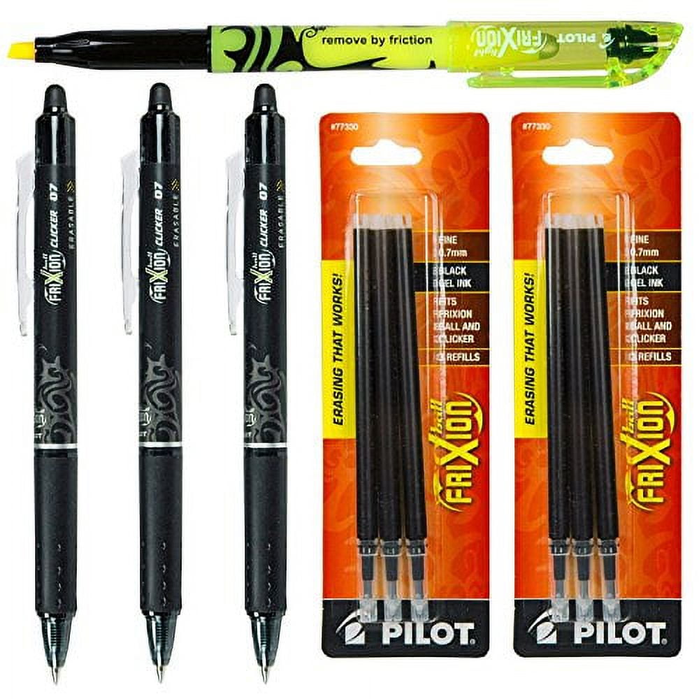 Pilot Frixion Clicker Retractable Erasable Black Gel Ink Pens, 3 Pens with 2 Packs of Refills Plus Yellow Frixion Erasable Highlighter