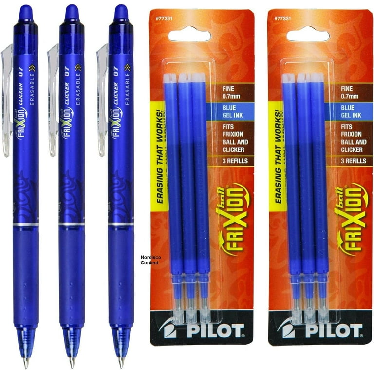 Pilot Frixion Clicker Retractable Erasable Blue Gel Ink Pens, 3 Pens with 2  Packs of Refills 