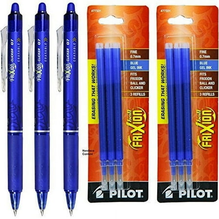 Pilot Frixion Clicker Retractable Erasable Blue Gel Ink Pens, 3 Pens with 2 Packs of Refills Original version