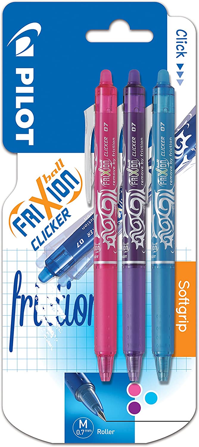 Pilot Frixion Clicker Retractable Erasable Rollerball 0.7 mm Tip - Violet/Pink/Turquoise, Pack of 3 Violet/ Pink/ Turquoise triple