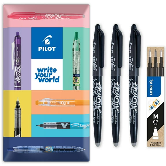 Pilot Frixion Heat Erasable Rollerball Pen FR7 - Medium 0.7mm - Black Wallet of 3 Pens + 3 Refills