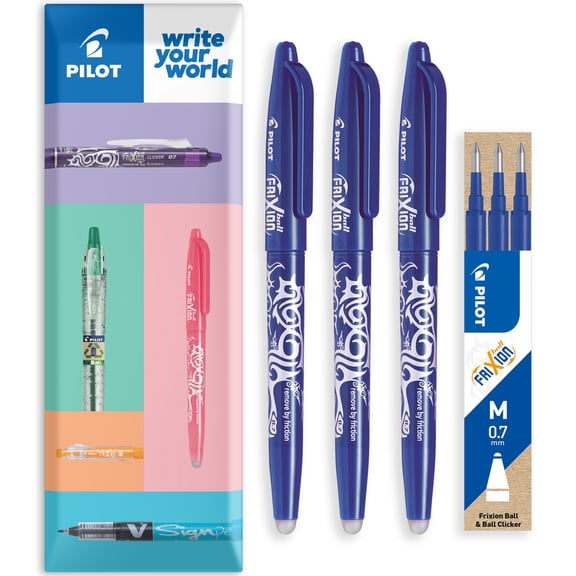 Pilot Frixion Heat Erasable Rollerball Pen FR7 - Medium 0.7mm - Blue Wallet of 3 Pens + 3 Refills