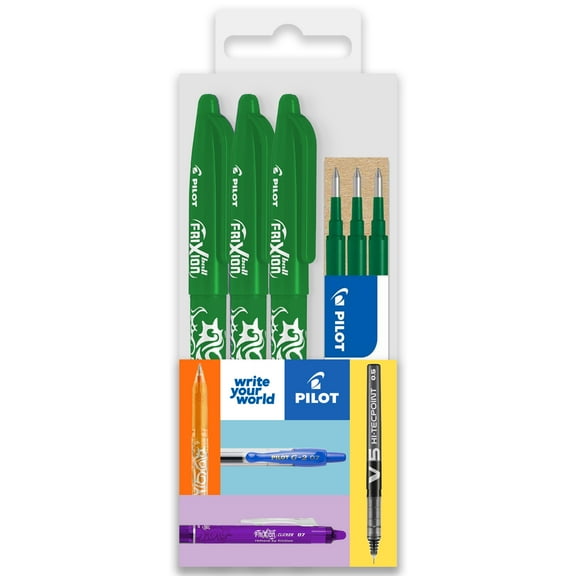 Pilot Frixion Heat Erasable Rollerball Pen FR7 - Medium 0.7mm - Green Wallet of 3 Pens + 3 Refills