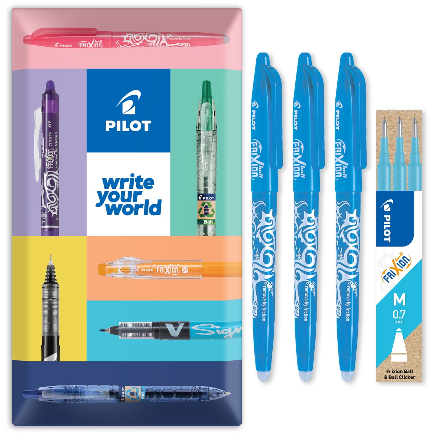 Pilot Frixion Heat Erasable Rollerball Pen FR7 - Medium 0.7mm - Light Blue Wallet of 3 Pens + 3 Refills