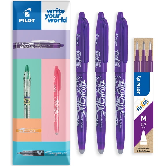 Pilot Frixion Heat Erasable Rollerball Pen FR7 - Medium 0.7mm - Violet Wallet of 3 Pens + 3 Refills
