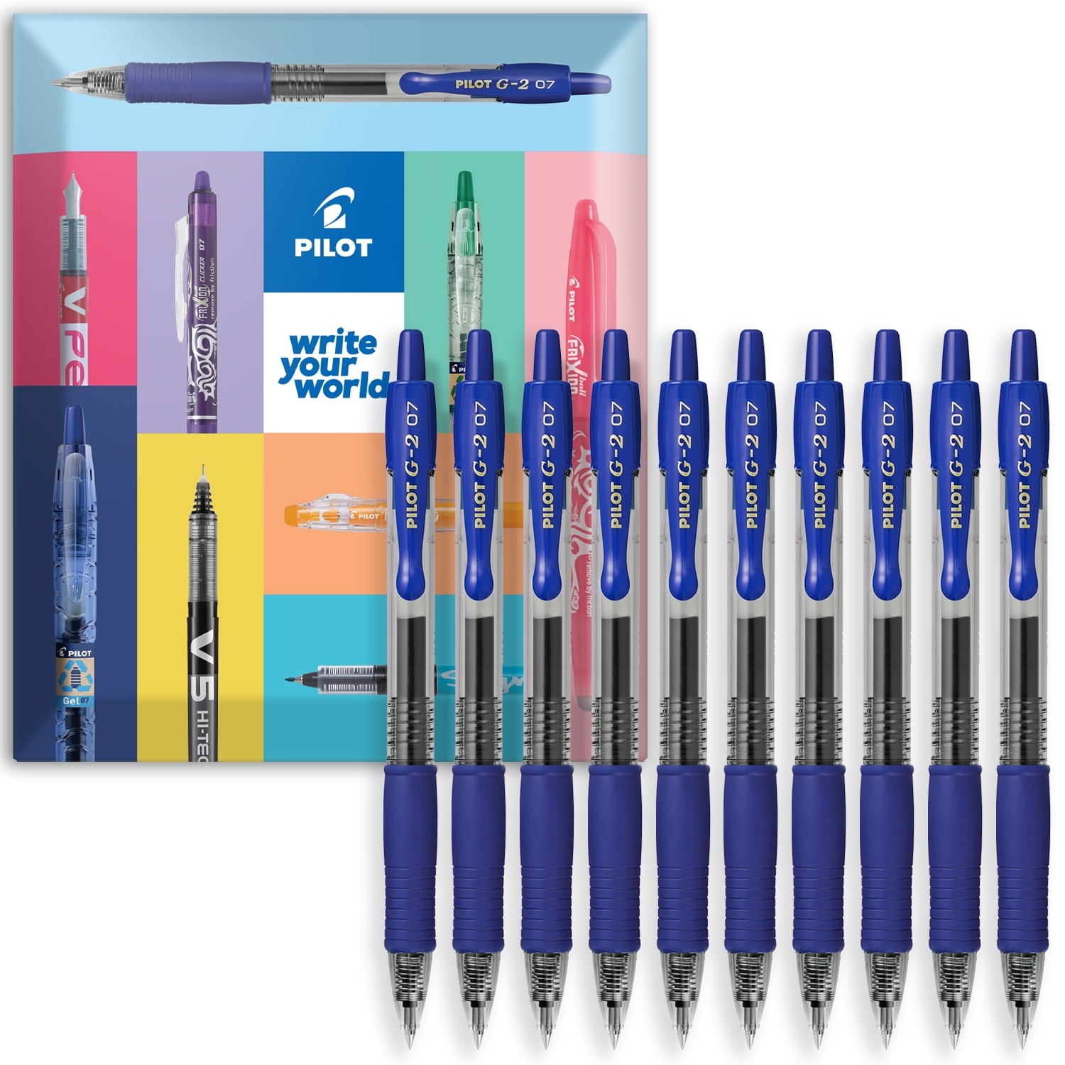 Pilot G-2 Retractable Gel Ink Rollerball Pens - 0.7mm Nib - Blue - Wallet of 10