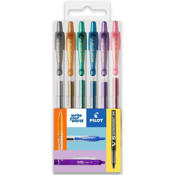 Pilot G-2 Retractable Gel Ink Rollerball Pens - 0.7mm Nib Tip - Wallet Set of 6 - Metallic Tones