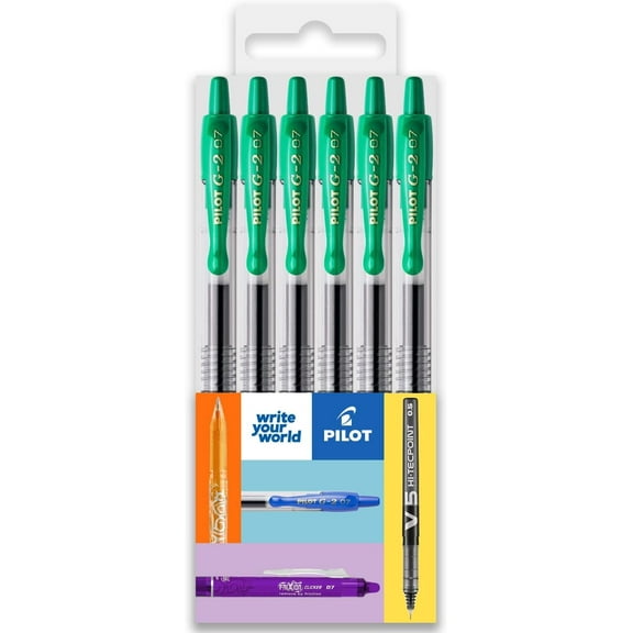 Pilot G-2 Retractable Gel Rollerball Pens - 0.7mm - Wallet of 6 - Green Ink