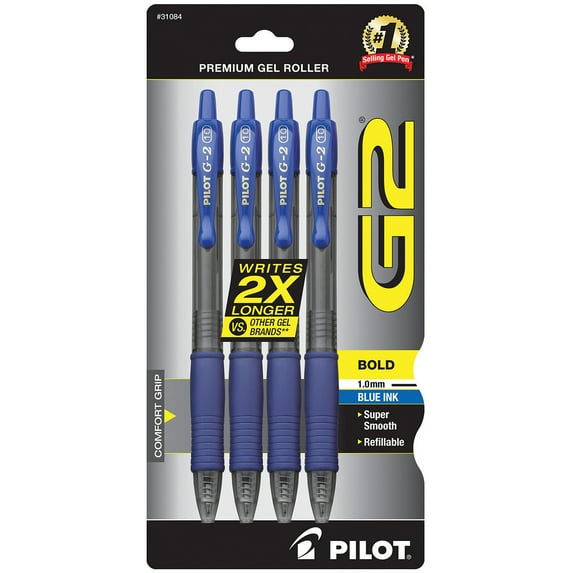 Pilot® G-2™ Retractable Gel Pens, Bold Point, 1.0 mm, Clear Barrels, Blue Ink, Pack Of 4