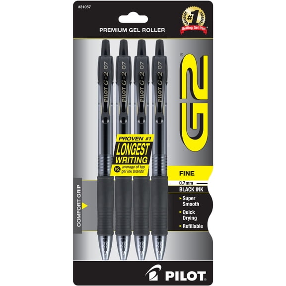 Pilot G-2 Retractable Gel Pens, Fine Point, 0.7 mm, Clear Barrels, Black Ink, Pack Of 4