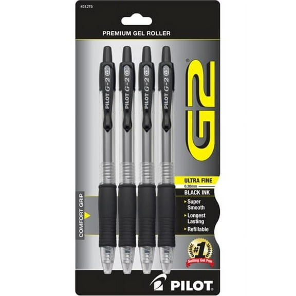 Pilot G-2 Retractable Gel Pens, Ultra Fine Point, 0.38 mm, Clear Barrels, Black Ink, Pack Of 4