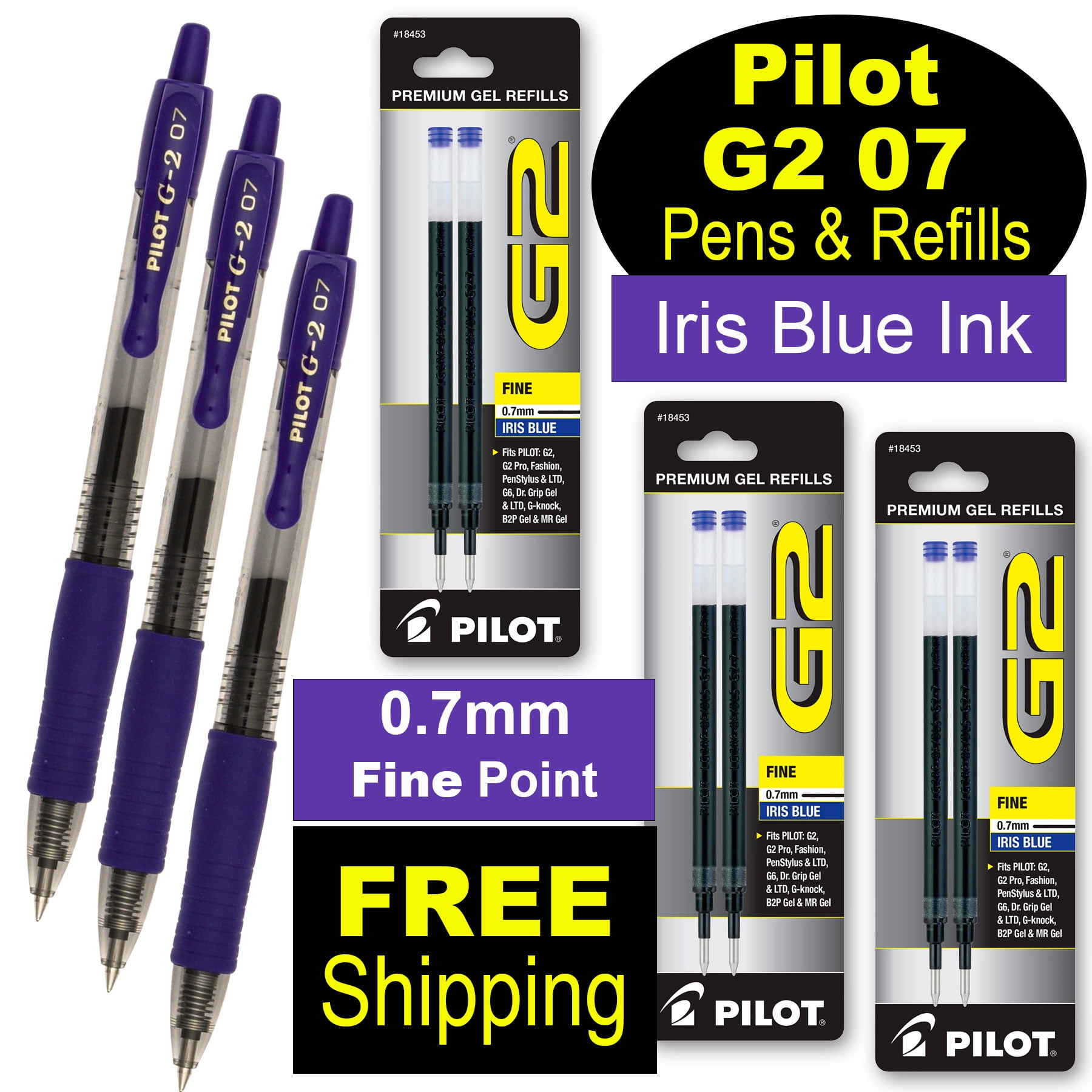 Pilot G2 07 18364 Pens & Refills, Iris Blue Gel Ink, 0.7mm Fine, FREE Shipping