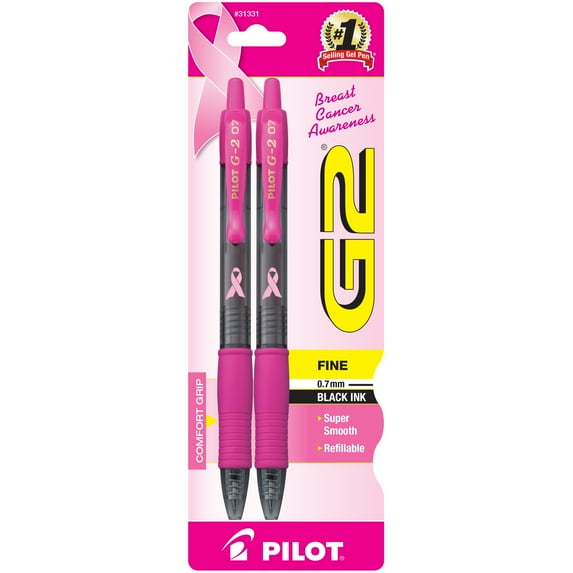Pilot G2 BCA (Breast Cancer Awareness) Premium Retractable Gel Ink Rolling Ball Pen, Fine Point, Pink Accents, Black Ink, 2 Count