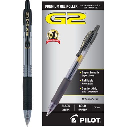 Pilot G2 Premium Gel Pens, Black Pens, Bold Point 1 mm, 12 Black