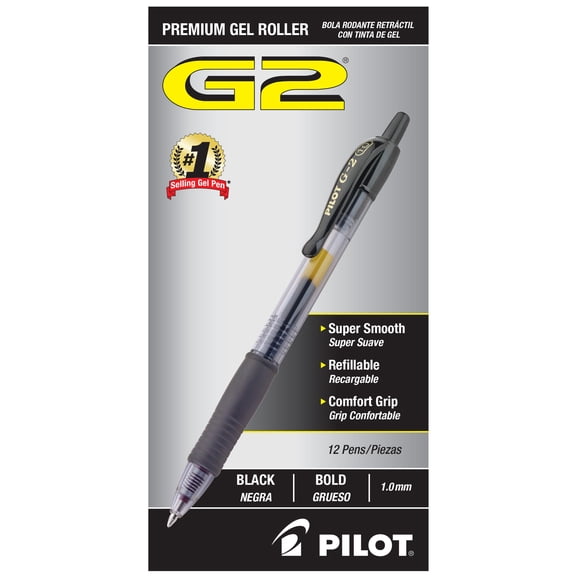 Pilot G2  Retractable Gel Ink Pens, Bold Point (1.0mm), Black Ink, 12 Count