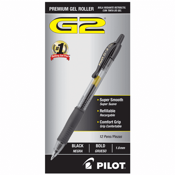 Pilot G2 Premium Gel Pens, Black Pens, Bold Point 1 mm, 12 Black