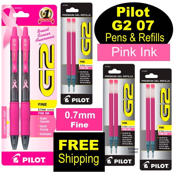 Pilot G2 Breast Cancer Awareness Pens 31312 & Refills, Pink Gel Ink, 0.7mm Fine