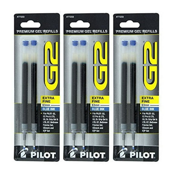 Pilot G2, Dr. Grip Gel/Ltd, ExecuGel G6, Q7 Rollerball Gel Ink Pen Refills, 0.5mm, Extra Fine Point, Blue Ink, Pack of 6