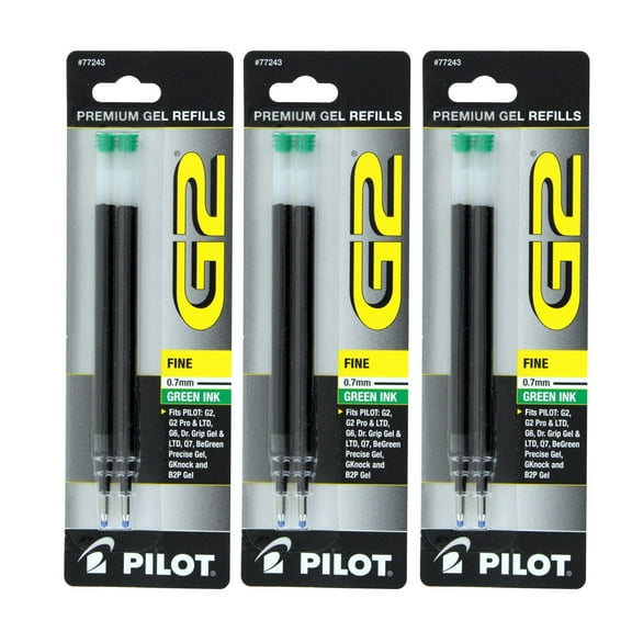 Pilot  G2, Dr. Grip Gel/Ltd, ExecuGel G6, Q7 Rollerball Gel Ink Pen Refills Green 7 mm 6 Pack