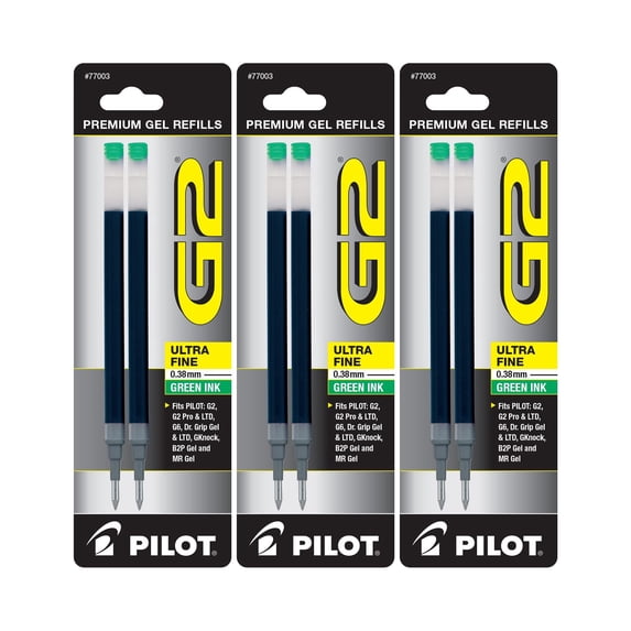 Pilot G2 Gel Ink Pen Refills, Ultra Fine Point, 0.38mm, Green Ink, 6 Refills