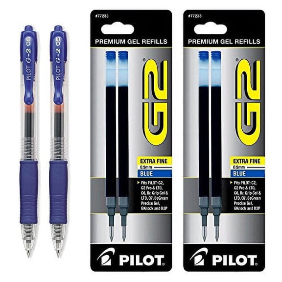 Pilot G2 Gel Ink Roller Ball, Blue Extra Fine 2 Pens & 4 Refills (31104-77233)