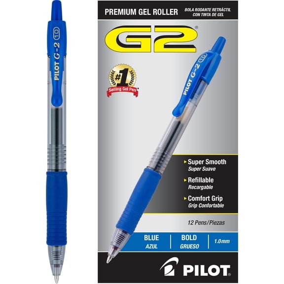 Pilot G2 Premium Gel Roller Pens, Bold Point 1 mm, Blue Ink Pens Bold Point, Pack of 12