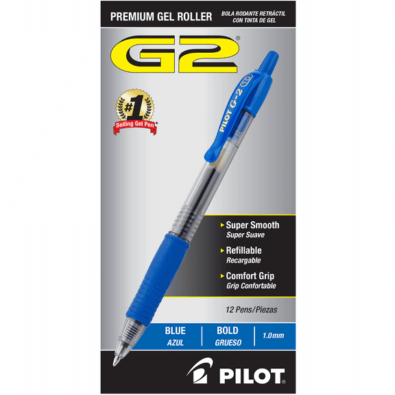 Pilot G2 Premium Gel Roller Pens, Bold Point 1 mm, Blue Ink Pens Bold Point, Pack of 12
