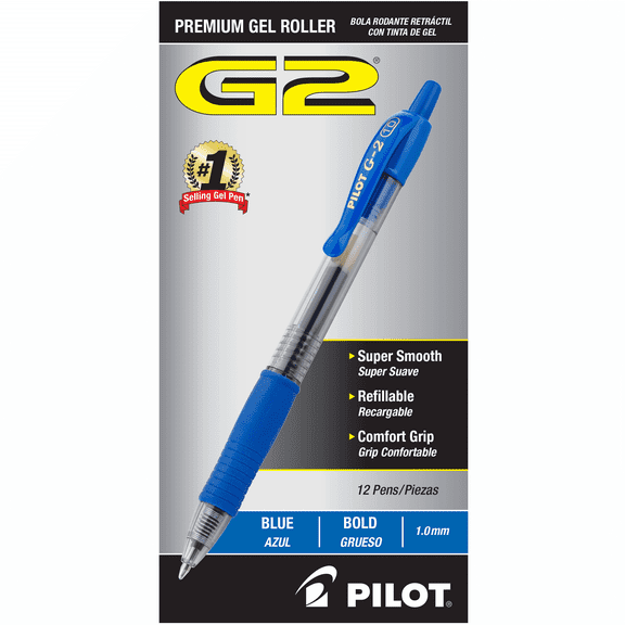 Pilot G2 Premium Gel Roller Pens, Bold Point 1 mm, Blue Ink Pens Bold Point, Pack of 12