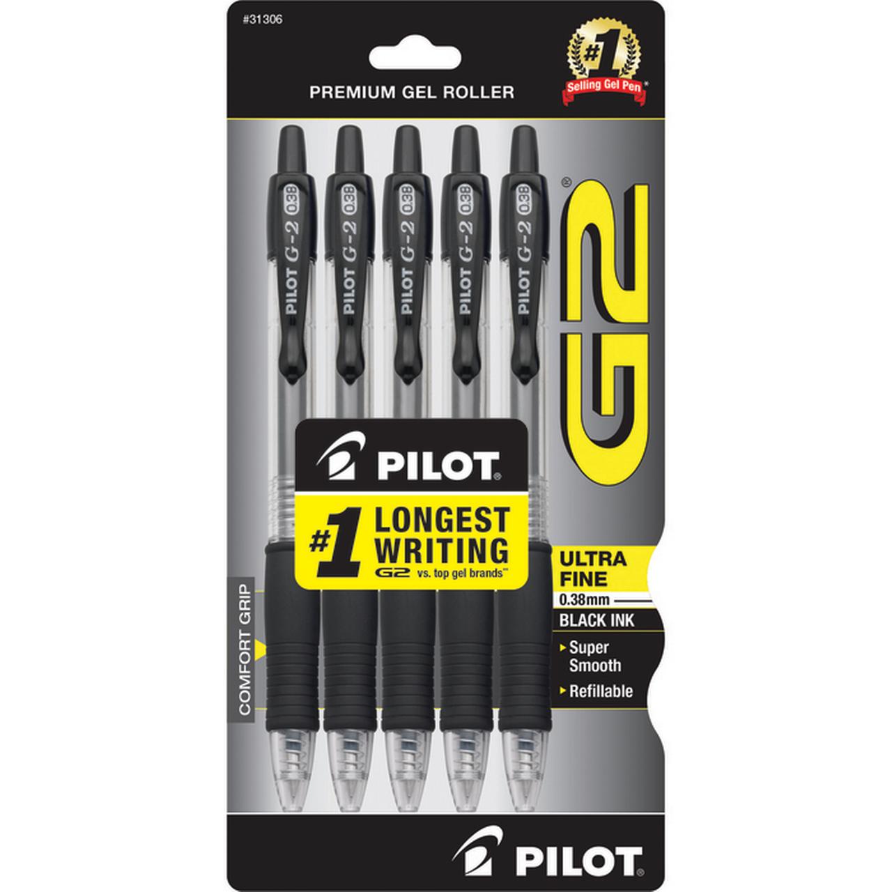 Stylos Gel Pilot G2 - Lot De 8 Pointes 0.5mm - Encre Noire à Séchage Rapide