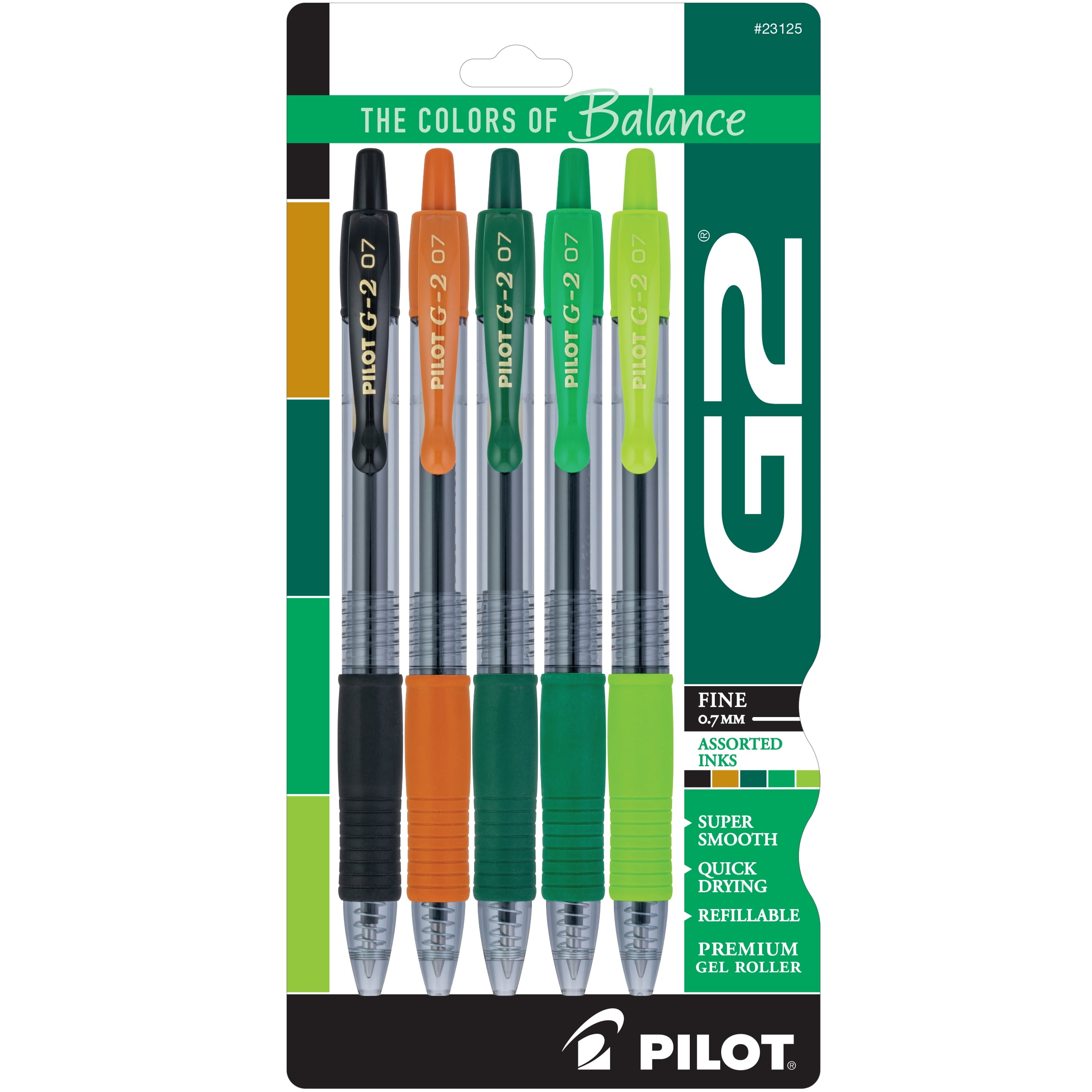 Pilot G2 Green Premium Gel Pens, Fine Point, 0.7mm, Assorted Ink, 5 Count