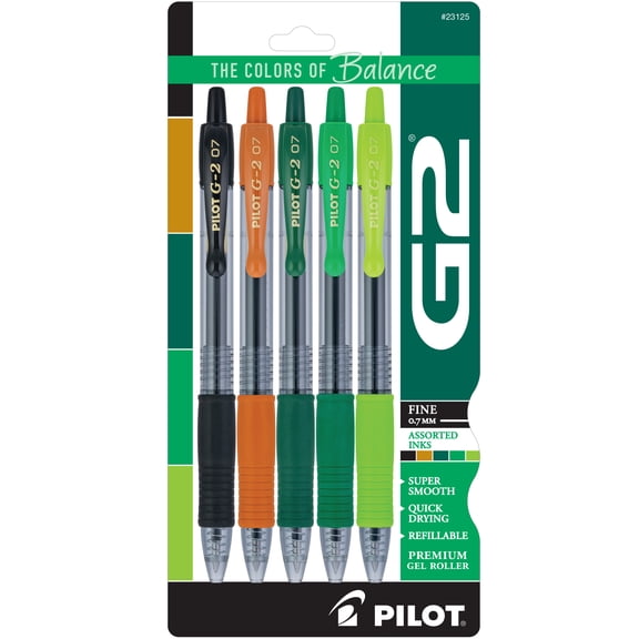 Pilot G2 Green Premium Gel Pens, Fine Point, 0.7mm, Assorted Ink, 5 Count