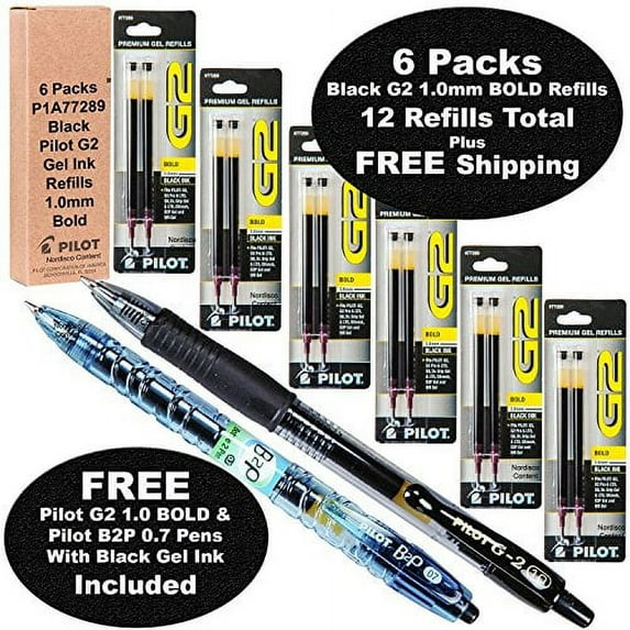 Pilot G2 Refills, Black Gel Ink 1.0mm Bold Pt, 6 Packs of Refills Plus 1 Pilot G2 1.0 Bold Pt. Black Pen and 1 Pilot B2p Black Pen