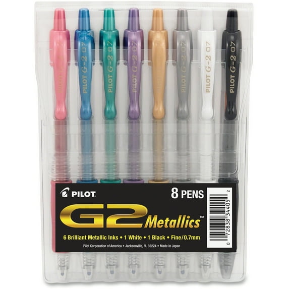 Pilot G2 Metallics Gel Ink Pens, Fine Point (0.7 mm), Assorted Ink, 8 Count