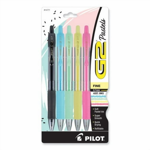 Pilot G2 Pastel Gel Pen, Retractable, Fine 0.7 mm, Assorted Pastel Ink and Barrel Colors, 5/Pack