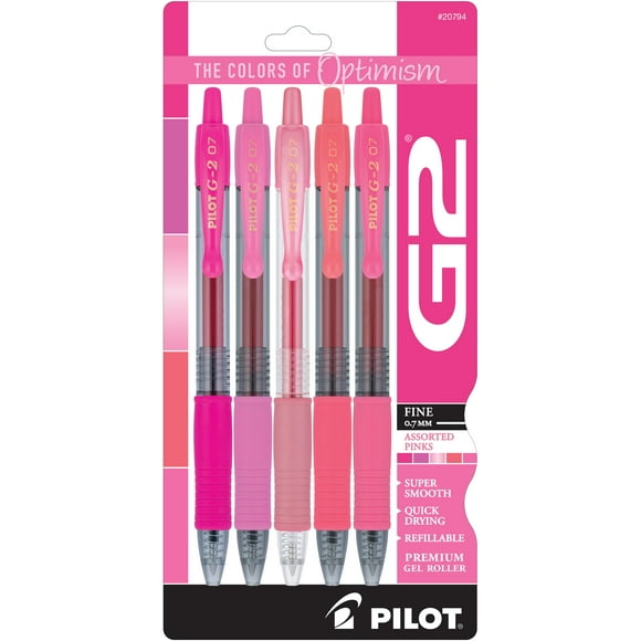 Pilot G2 Retractable Gel Ink Pens, Fine Point, 0.7mm, Assorted Pink Inks, 5 Count