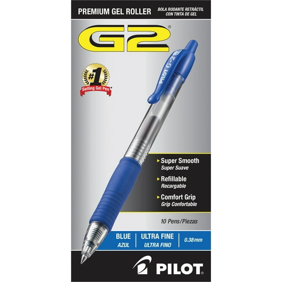 Pilot G2 Retractable Gel Ink Pens, Ultra Fine Point, 0.38mm, Blue Ink, 10 Pack