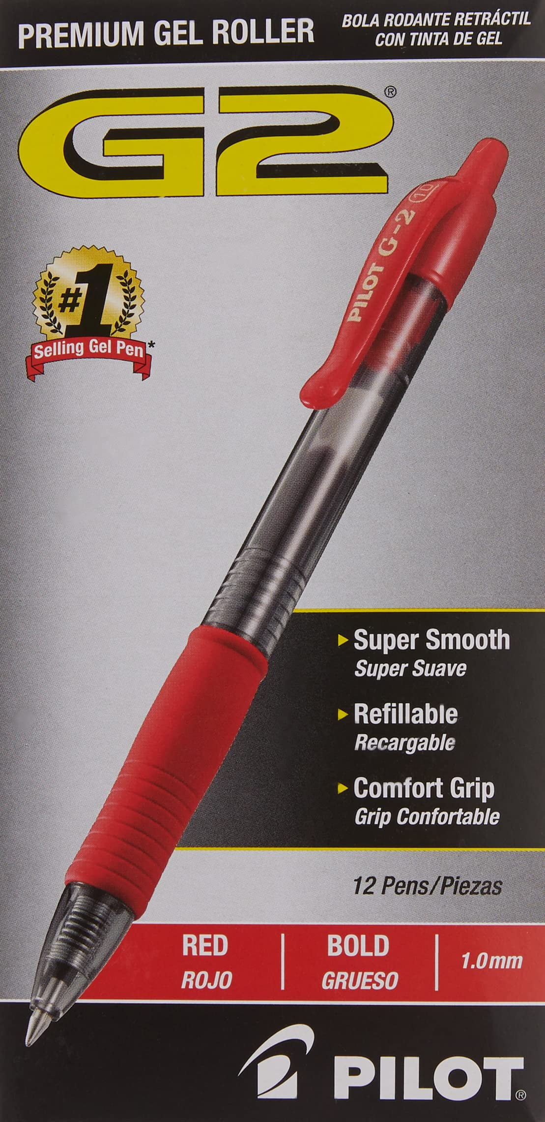 Pilot, G2 Premium Gel Roller Pens, Bold Point 1 mm, Pack of 12, Red