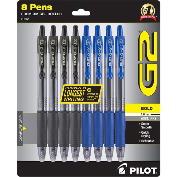 Pilot, G2 Premium Gel Roller Pens, Fine Point 0.7 mm, Assorted Colors, Pack of 8 Assorted Classic