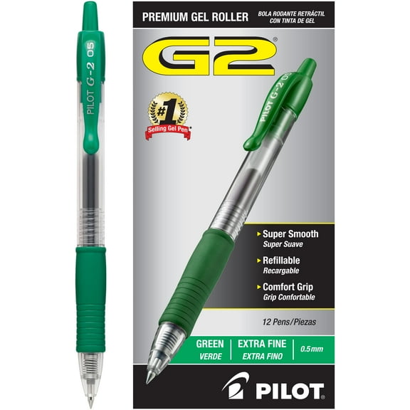 Pilot, G2 Premium Gel Roller Pens, Extra Fine Point 0.5 mm, Pack of 12, Green Green Ink
