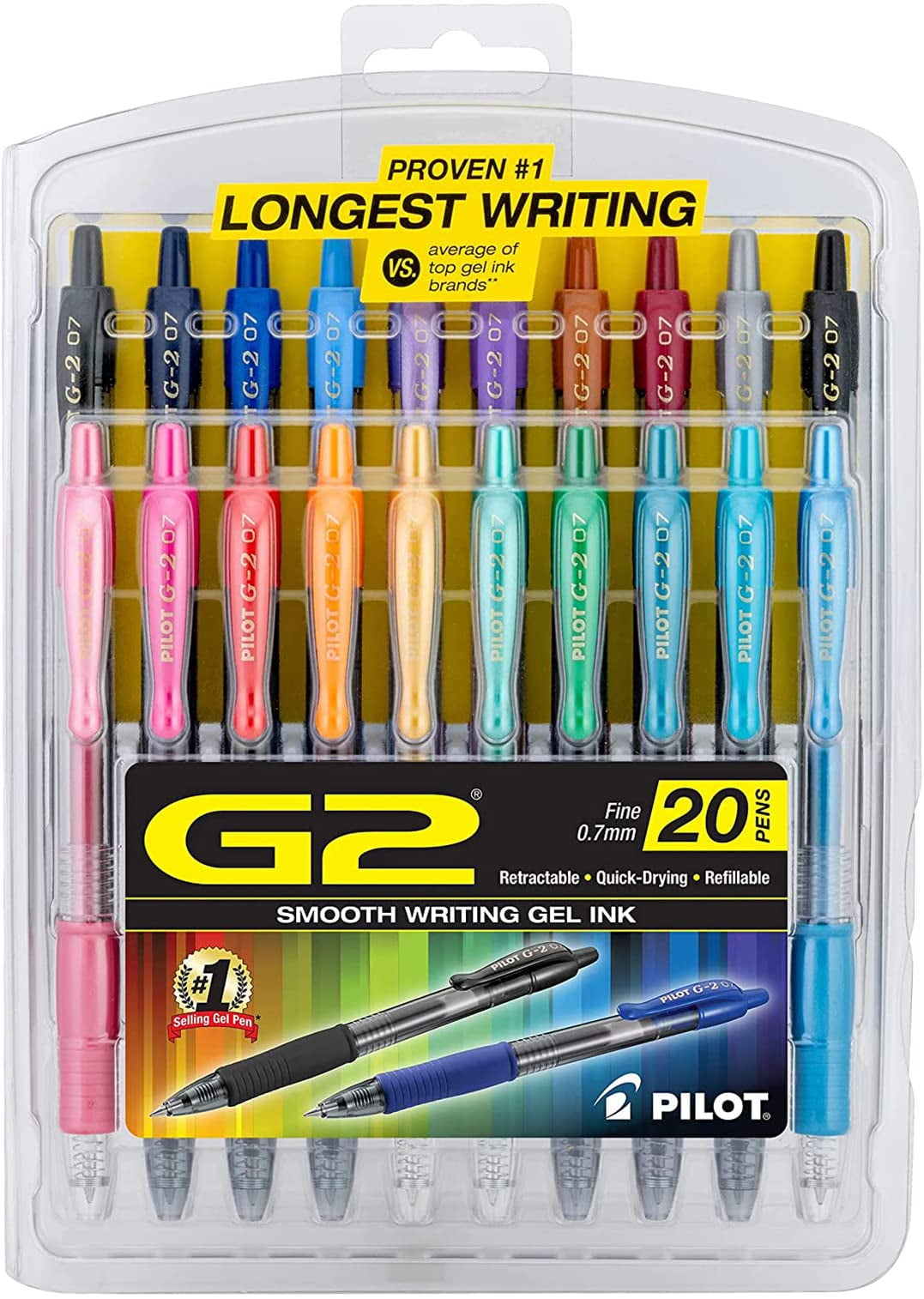 Pilot G2 Premium Gel Roller Pens, Fine Point 0.7 mm Assorted Colors, Pack of 20