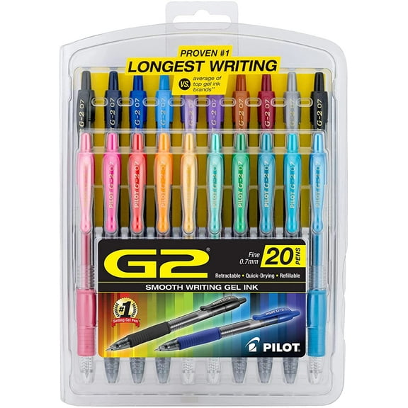 Pilot G2 Premium Gel Roller Pens, Fine Point 0.7 mm Assorted Colors, Pack of 20