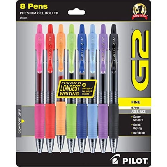 Pilot, G2 Premium Gel Roller Pens, Fine Point 0.7 mm, Assorted Colors, Pack of 8 Assorted Classic