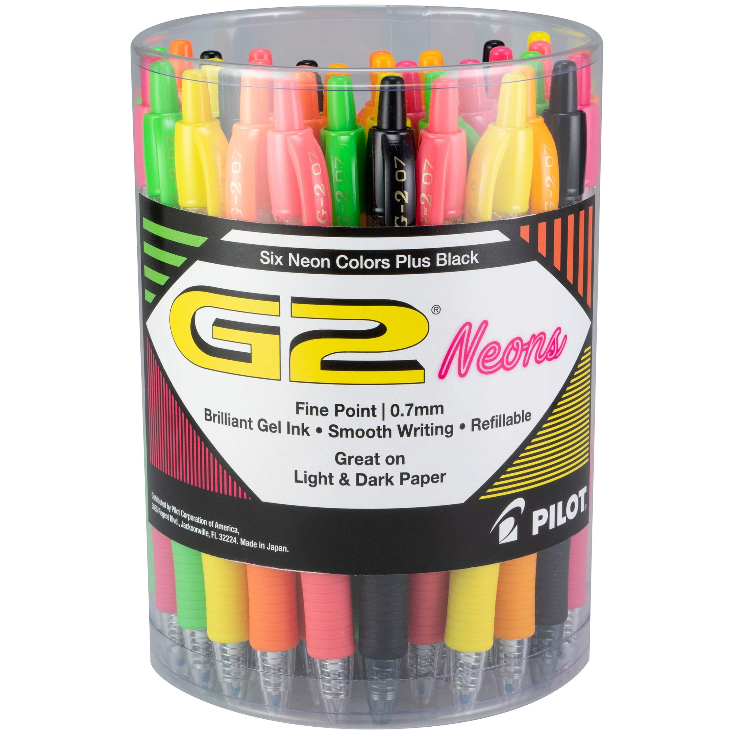 Pilot, G2 Premium Gel Roller Pens, Fine Point 0.7 mm, Assorted Neon Colors & Black, Tub of 36
