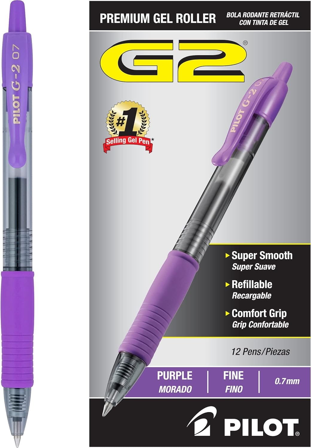 Pilot, G2 Premium Gel Roller Pens, Fine Point 0.7 mm, Purple, Pack of 12